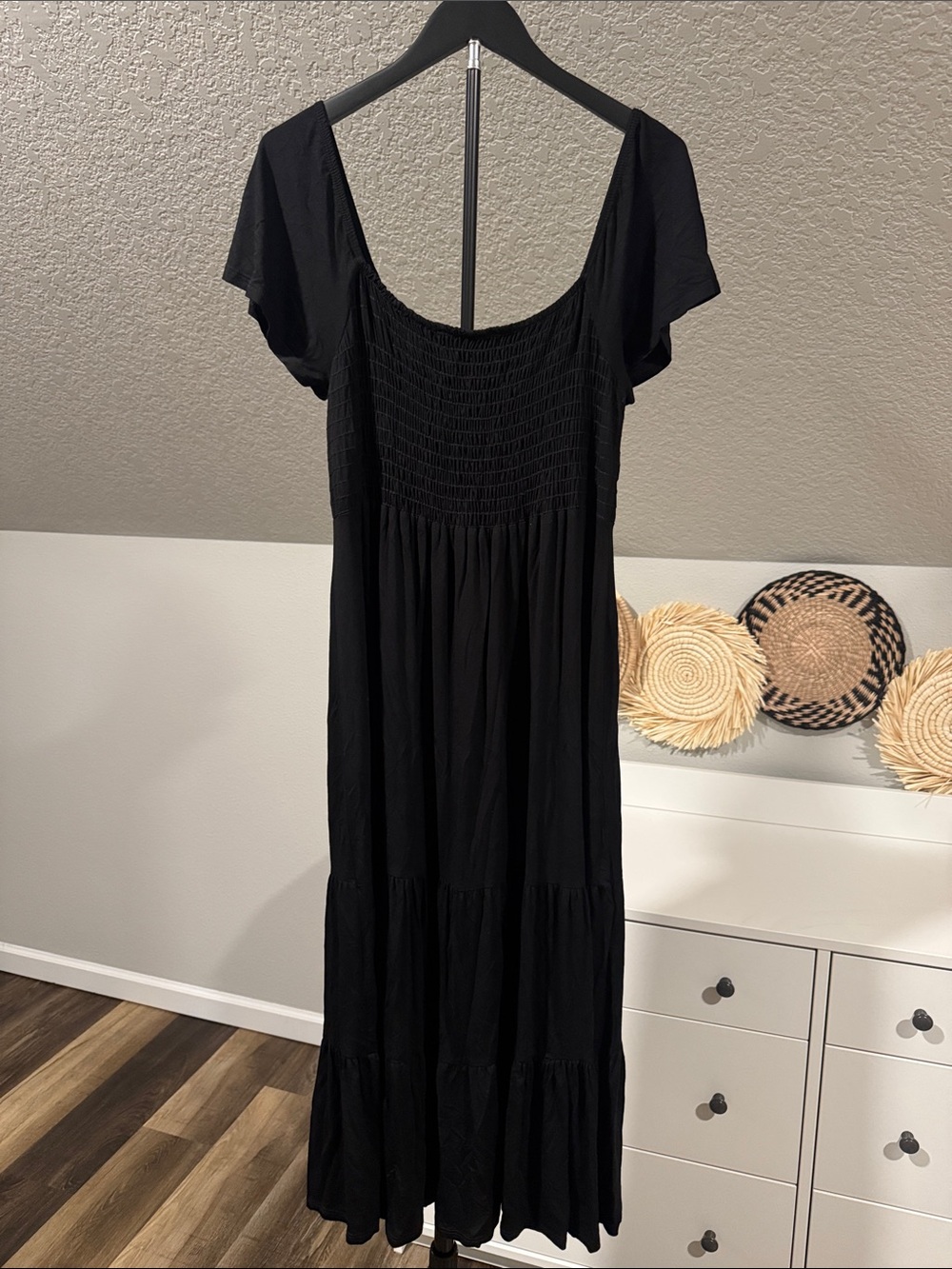 Black Smocked Maxi Dress with Scoop Neck